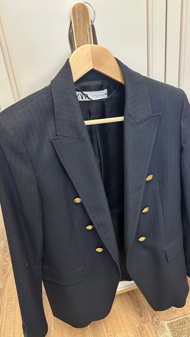 Düğmeli Gri Çizgili Kadın Blazer Ceket - Görsel 2