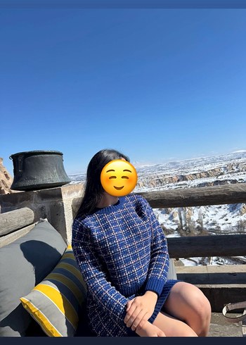 Mavi Kareli Yüksek Yakalı Triko Elbise - Görsel 2