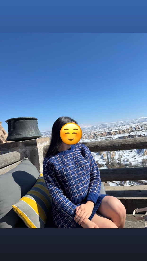 Mavi Kareli Yüksek Yakalı Triko Elbise - Görsel 2