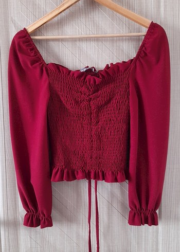 Uzun Kollu Bordo Fırfırlı Kadın Bluz - Görsel 2