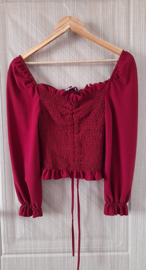 Uzun Kollu Bordo Fırfırlı Kadın Bluz - Görsel 2