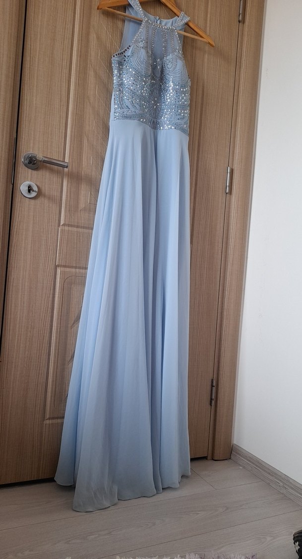 Mavi İşlemeli Uzun Abiye Elbise - Görsel 2