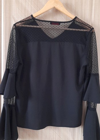 Siyah V Yaka Dantel Detaylı Uzun Kollu Bluz - Görsel 3