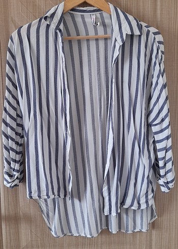 Çizgili V Yaka Uzun Kollu Kadın Gömlek - Görsel 2