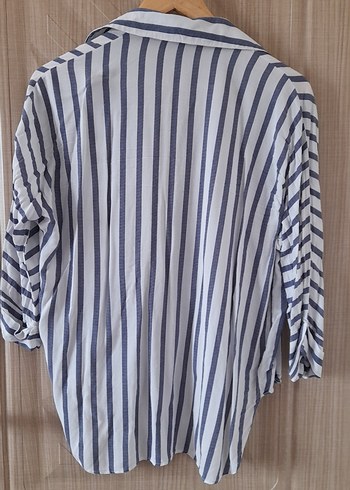 Çizgili V Yaka Uzun Kollu Kadın Gömlek - Görsel 3