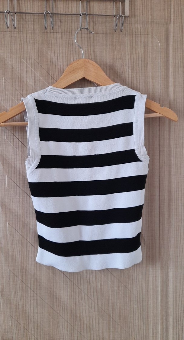 Kadın Siyah Beyaz Çizgili Kolsuz Triko Atlet - Görsel 2