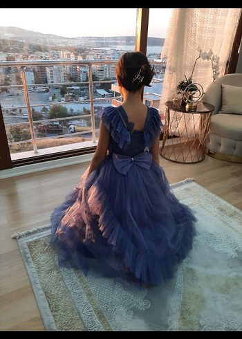 Mavi Renkli Kız Çocuk Fırfırlı Abiye Elbise - Görsel 3