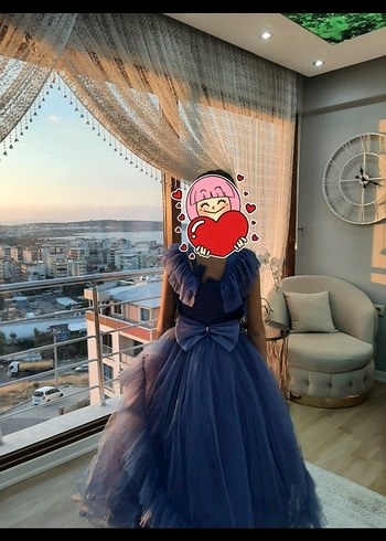 Mavi Renkli Kız Çocuk Fırfırlı Abiye Elbise - Görsel 2