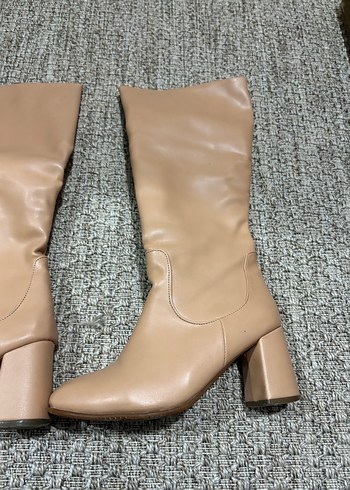 Bej Kadın Deri  Topuklu çizme - Görsel 3