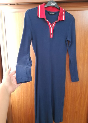 LC Waikiki Düğmeli Lacivert Uzun Kollu Midi Elbise