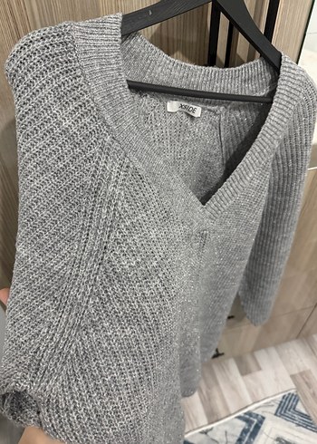 Gri V Yaka Örgü Kadın Kazak - Görsel 5