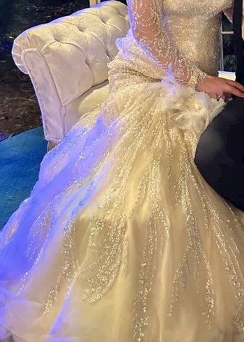 Uzun Kollu Beyaz Balık Gelinlik - Görsel 4