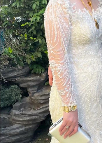 Uzun Kollu Beyaz Balık Gelinlik - Görsel 3