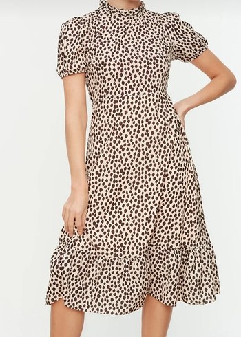 Leopar Desenli Bej Midi Elbise