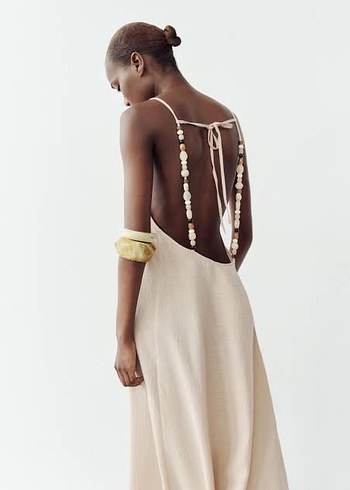 Bej Uzun Keten Halter Yaka Elbise - Görsel 2