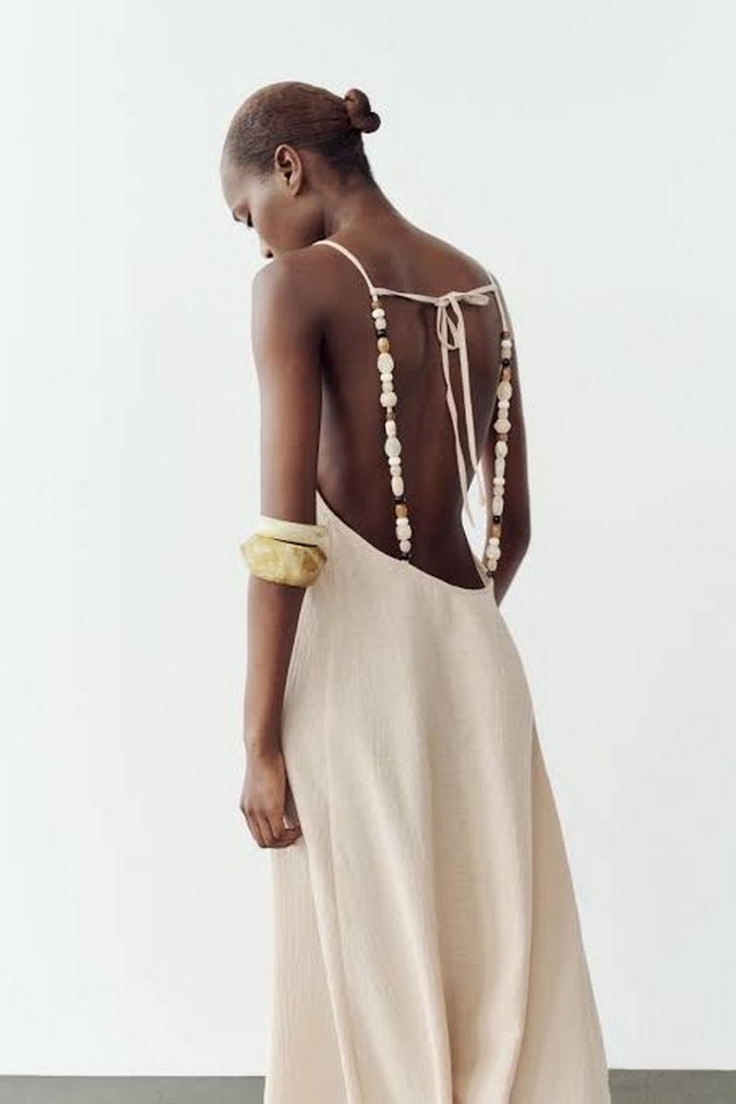 Bej Uzun Keten Halter Yaka Elbise - Görsel 2