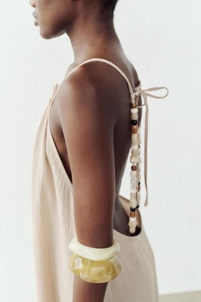 Bej Uzun Keten Halter Yaka Elbise - Görsel 3