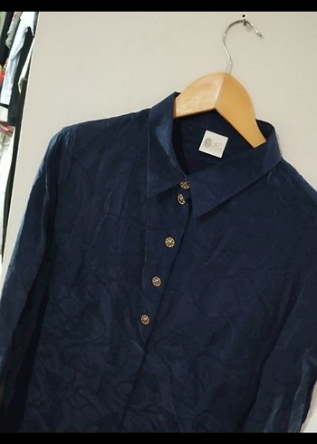 C&A Vintage Lacivert İpek Gömlek, Düğmeli, Uzun Kollu - Görsel 3