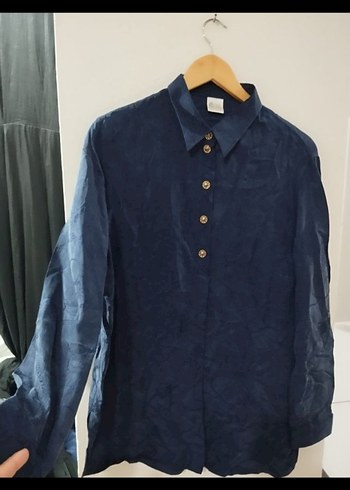 C&A Vintage Lacivert İpek Gömlek, Düğmeli, Uzun Kollu - Görsel 2