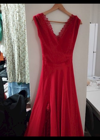 Drapeli Kırmızı Uzun Abiye Elbise - Görsel 4