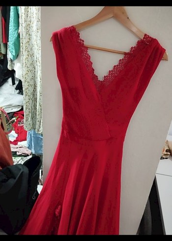 Drapeli Kırmızı Uzun Abiye Elbise - Görsel 5