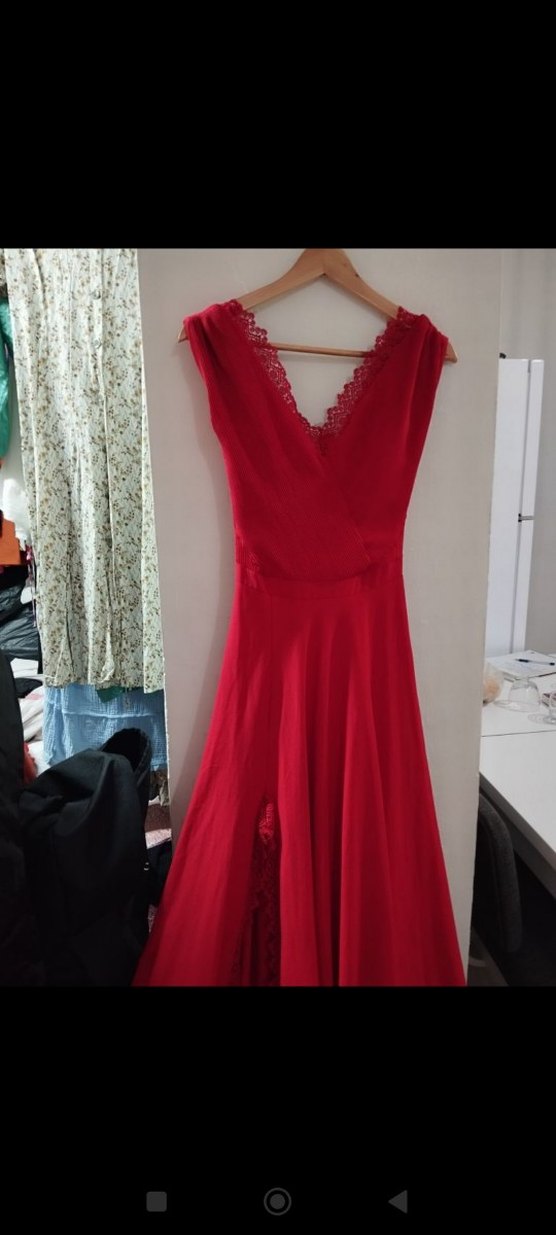 Drapeli Kırmızı Uzun Abiye Elbise - Görsel 4