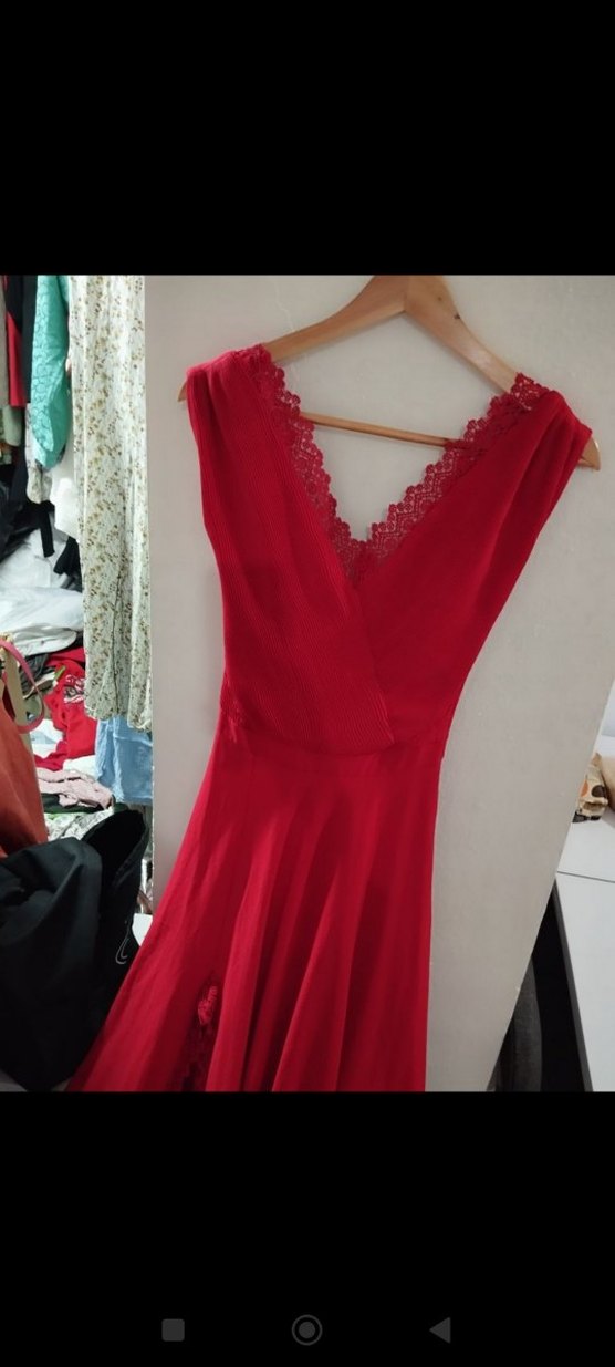 Drapeli Kırmızı Uzun Abiye Elbise - Görsel 5