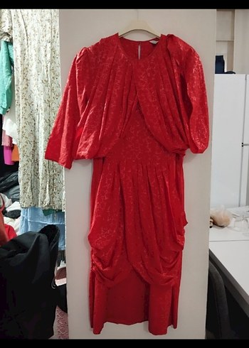 VİNTAGE KIRMIZI ELBİSE - Görsel 2