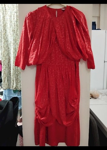 VİNTAGE KIRMIZI ELBİSE - Görsel 5