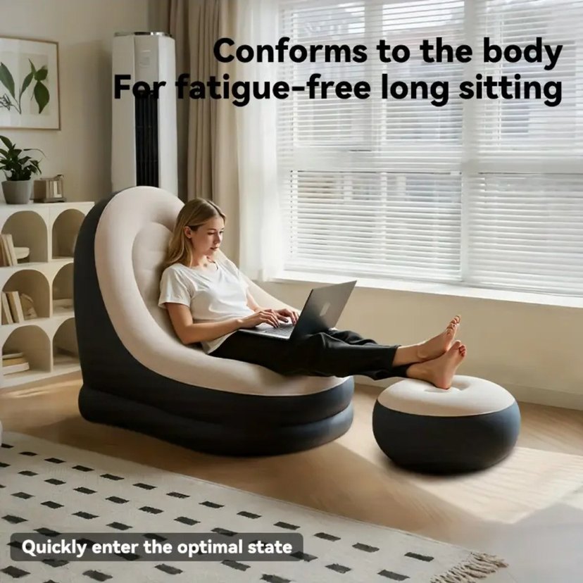 Şişme Koltuk seti ve Ayak Taburesi 2 Parça Set, Peluş yüzeyli - Görsel 4