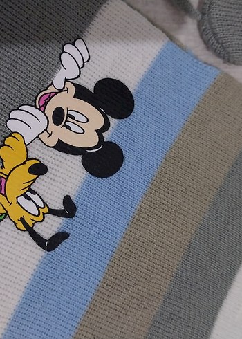 1-2 Yaş, 19 cm Beden Gri Mickey Mouse Nakışlı Örgü Bere ve Atkı Seti