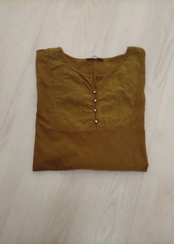 Düğmeli kına yeşili Keten Kadın Bluz - Görsel 3