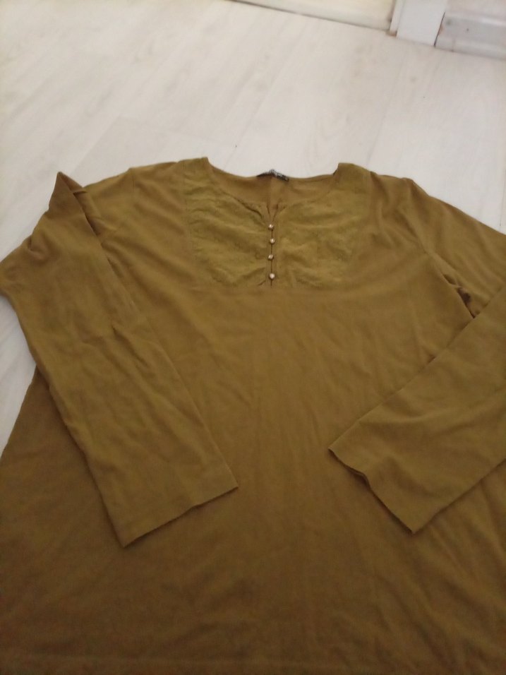 Düğmeli kına yeşili Keten Kadın Bluz - Görsel 2