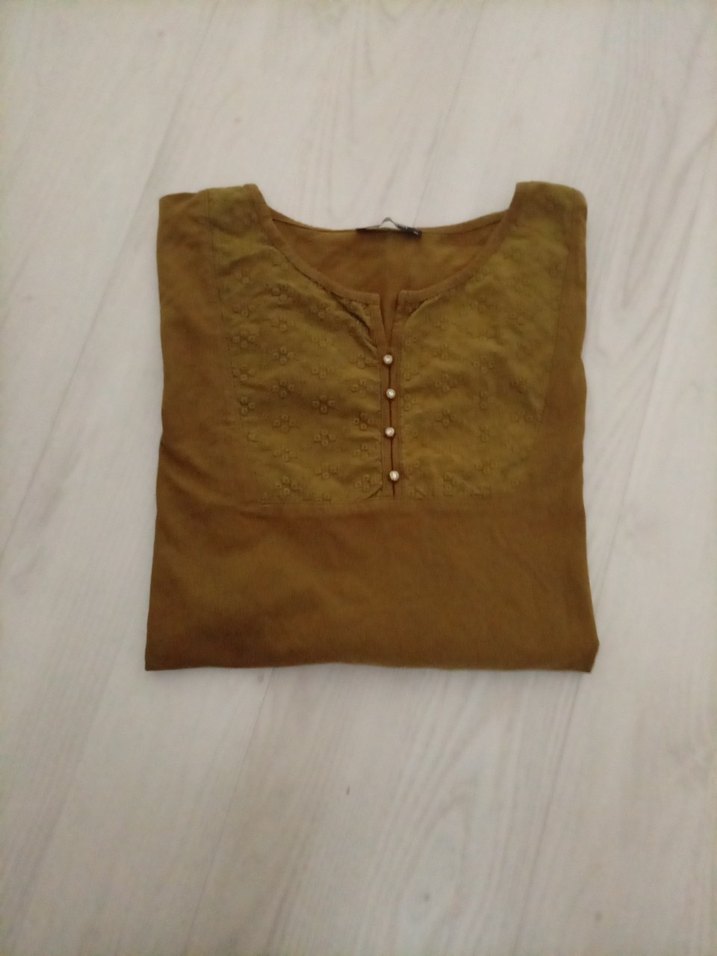 Düğmeli kına yeşili Keten Kadın Bluz - Görsel 3