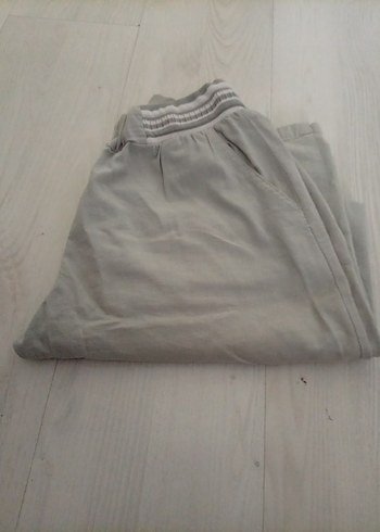 Gri Keten Kadın Bol Paça Pantolon - Görsel 3