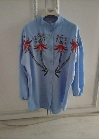 Nakışlı Mavi Uzun Kollu Bohem Gömlek - Görsel 2