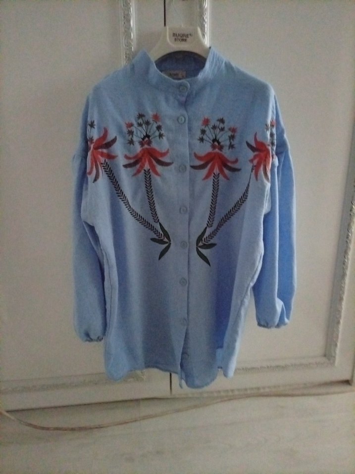 Nakışlı Mavi Uzun Kollu Bohem Gömlek - Görsel 2