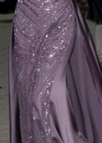 Uzun Mor İşlemeli Kadın Abiye Elbise - Görsel 3