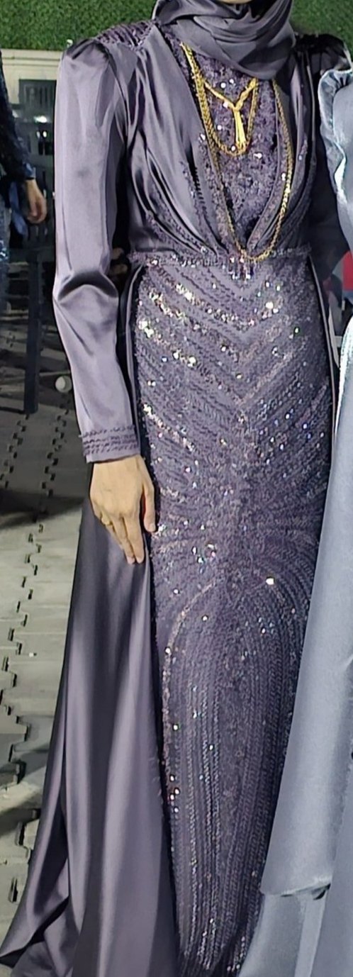 Uzun Mor İşlemeli Kadın Abiye Elbise - Görsel 2