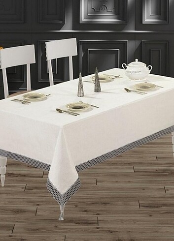 Diğer 160X220'CM KETEN KUMAŞ ÜZERİNE FİLE GÜPÜRLÜ LÜX MASA ÖRTÜSÜ 