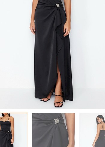 Siyah Drapeli Uzun askılı gece Elbise - Görsel 4