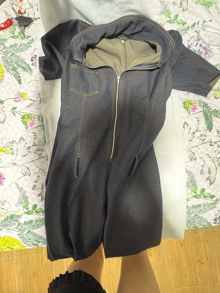 Gri Kısa Kollu  Denim Tulum - Görsel 2