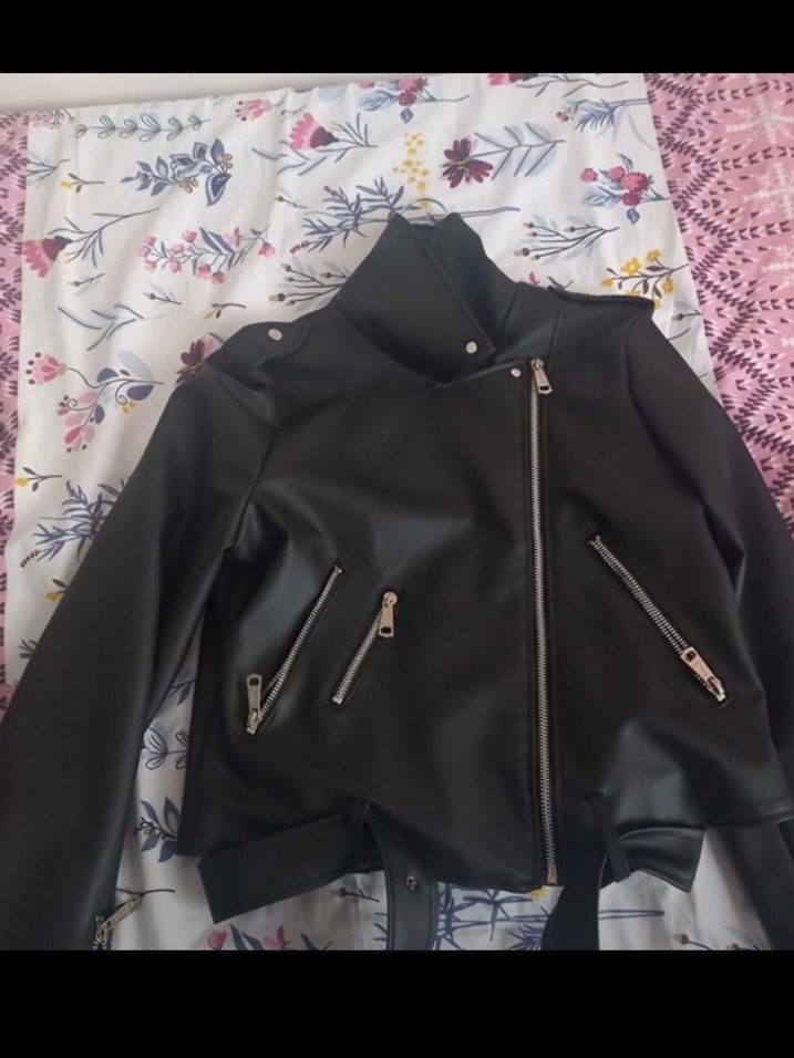 Siyah Mini Deri Biker Ceket - Görsel 2