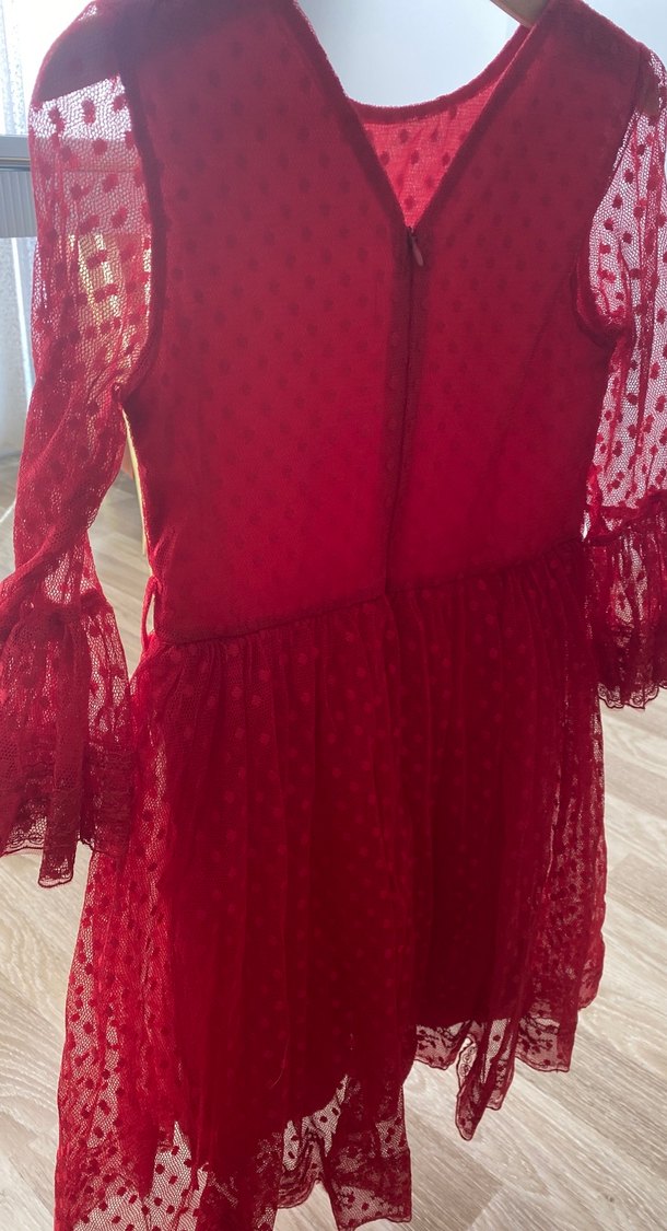 Kız Çocuk Kırmızı Dantel Nakışlı Elbise - Görsel 2