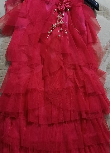 Pembe incili tüllü kız çocuk abiye elbise