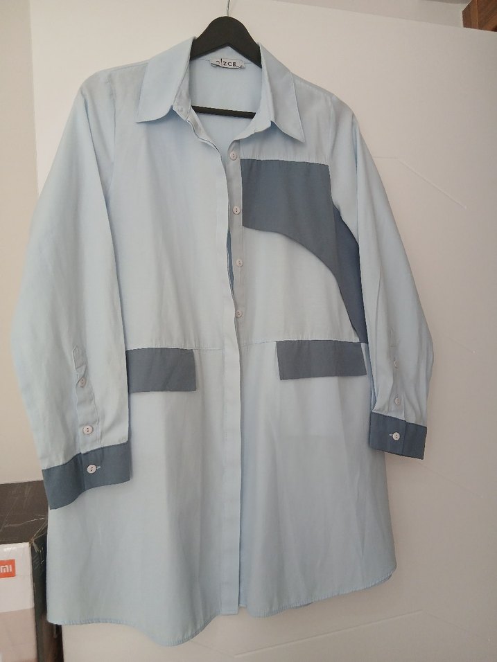 GİZCE Düğmeli Mavi Uzun Kadın Gömlek - Görsel 3