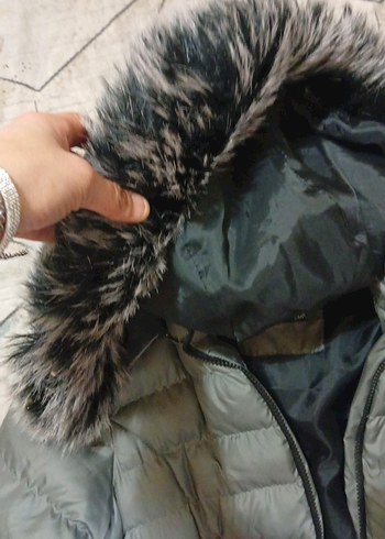 Gri Kadın Midi Kaban Kürklü Kapüşonlu - Görsel 3