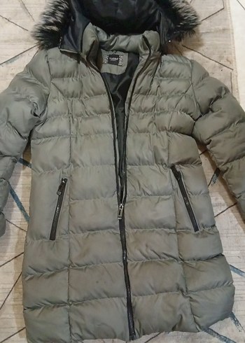 Gri Kadın Midi Kaban Kürklü Kapüşonlu - Görsel 2