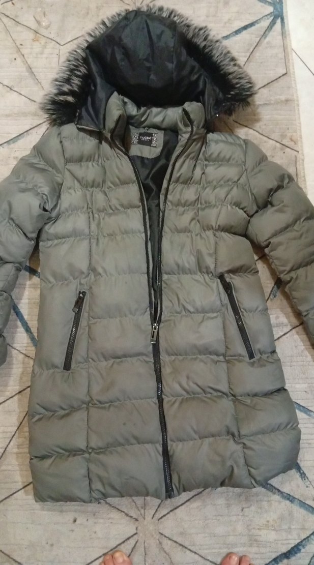 Gri Kadın Midi Kaban Kürklü Kapüşonlu - Görsel 2