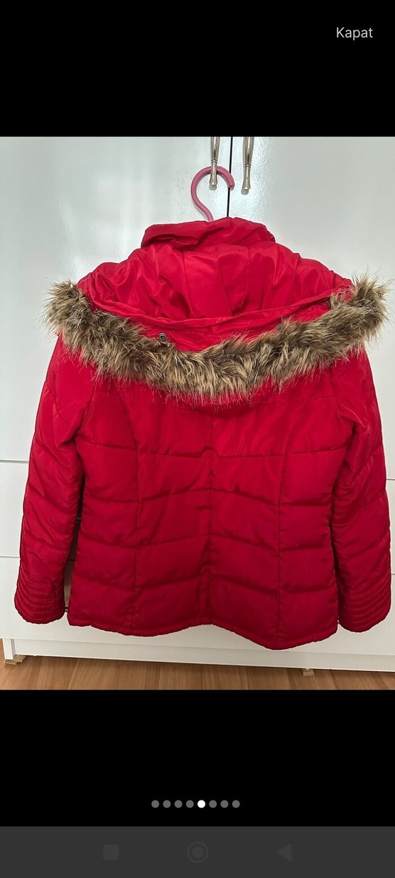 Kürklü Kırmızı Kadın Kısa Kışlık Mont - Görsel 5